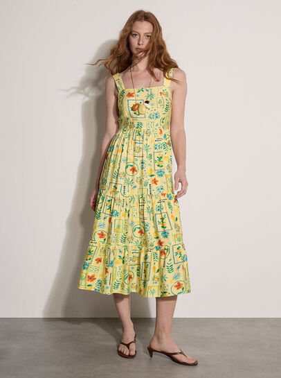 Postcard Print Tiered Midi Dress