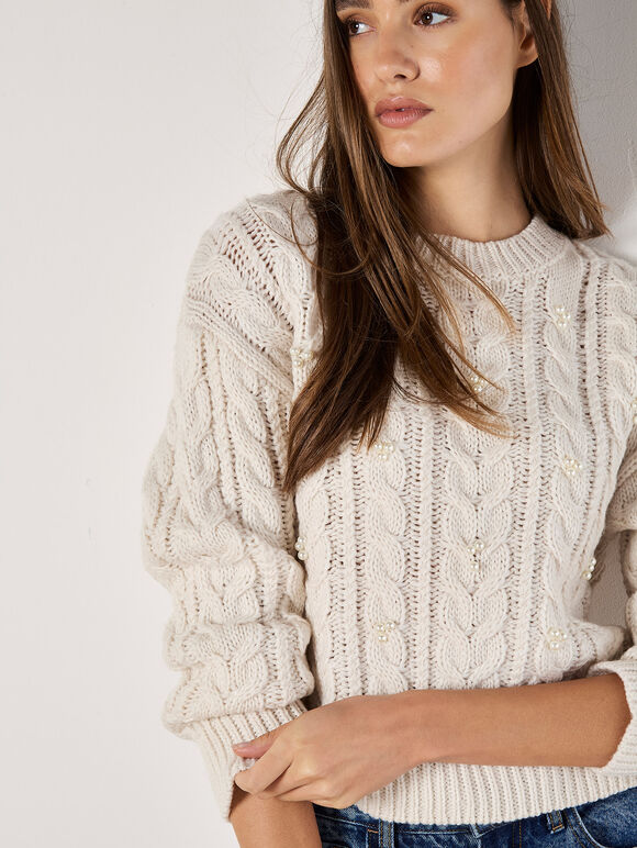 Pearl Embellished Cable Knit Jumper, Cream, large
