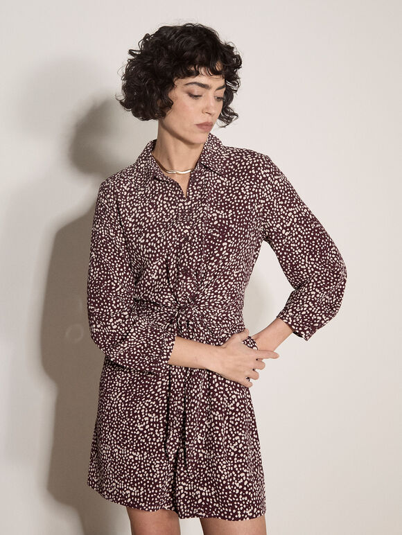 Irregular Spot Crepe Shirt Mini Dress, Burgundy, large