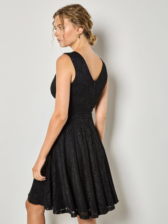 Floral Lace Fit And Flare Mini Dress, Black, large