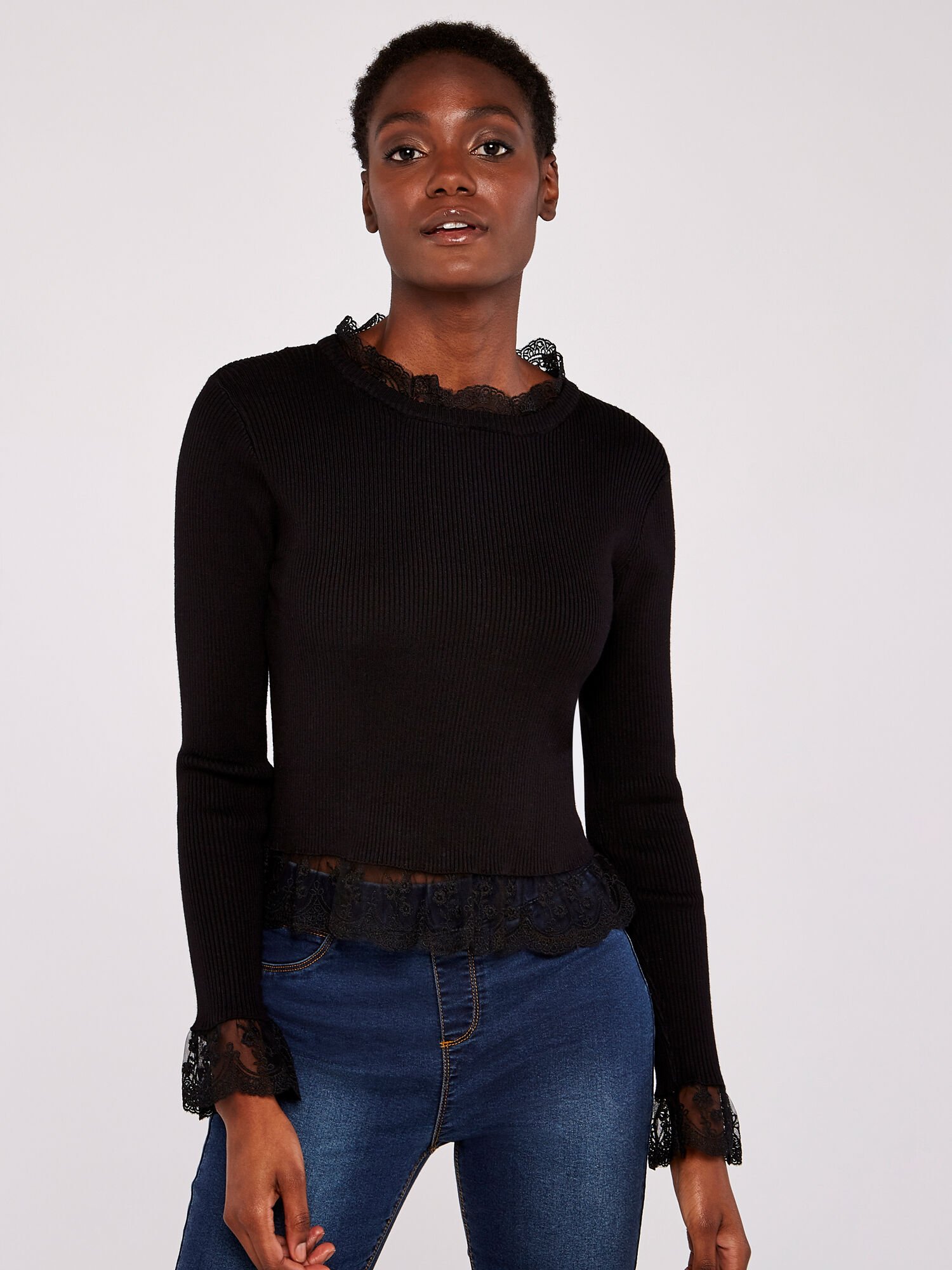 Lace Trim Ribbed Jumper Apricot Clothing