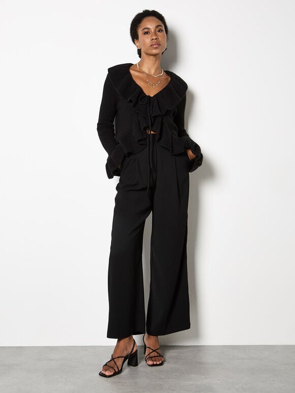 Ruffle Ribbed Knit Cardigan, Black, large