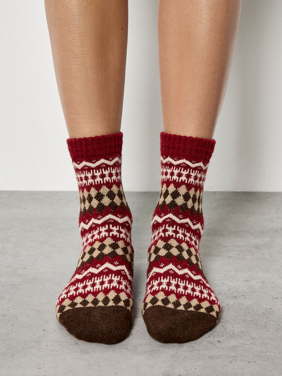 Fairisle Patterned Socks, Red, large