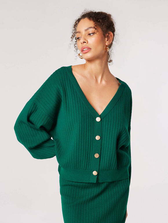 Ribbed Knit Reversible Cardigan Top, Green, large