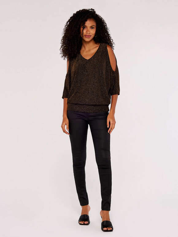 Sparkle Cold Shoulder Top, Brown, large