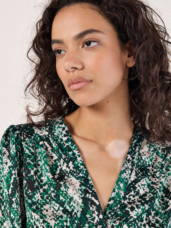 Snakeskin Hammered Satin Blouse, Green, large