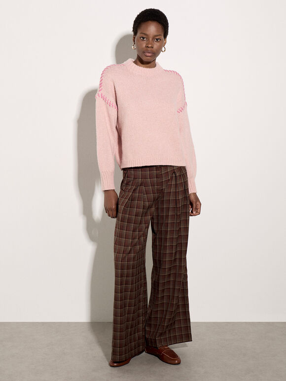 Blanket Stitch Chunky Knit Jumper, Pink, large