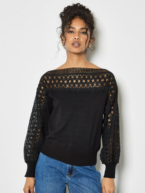 Lace Neck And Sleeve Jumper, Black, large