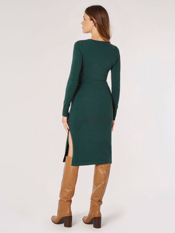 Knitted Wrap Midi Dress, Green, large