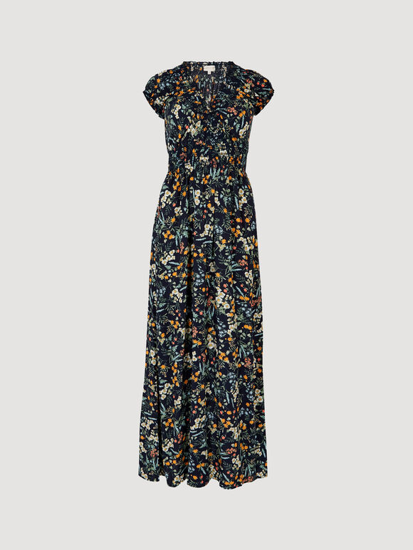 Ditsy Botanical Floral Maxikleid, Marineblau, Größe L