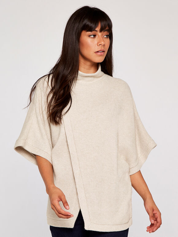 Chunky Rib Knit Wrap Cape, Stone, large