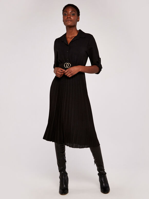 Circles Belt Pleated Midi Dress, Black, large