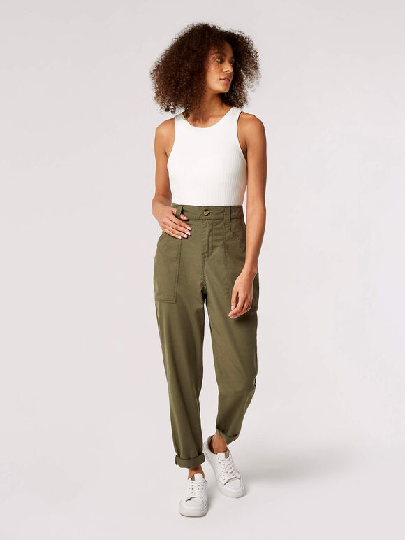 Mittelhohe Hose mit geradem Bein, Khaki, Größe L