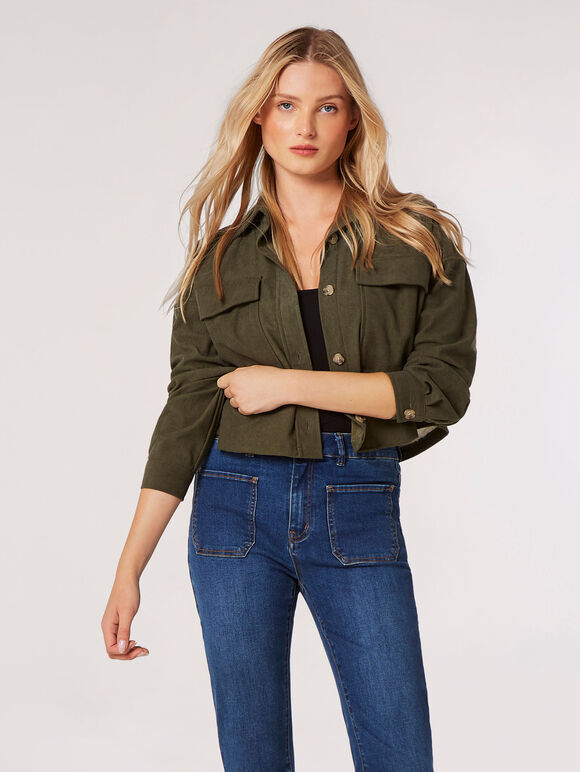 Cropped Corduroy Shacket, Khaki, large