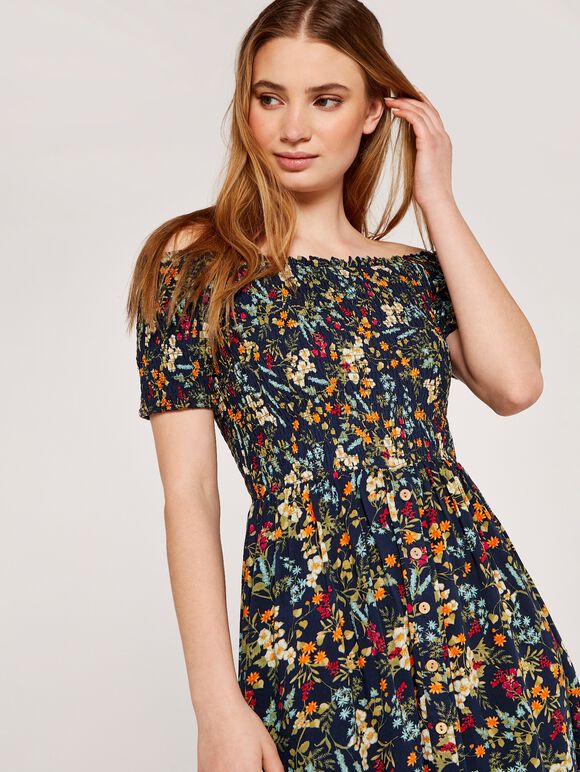 Off Shoulder Botanical Floral Dress, Navy, large