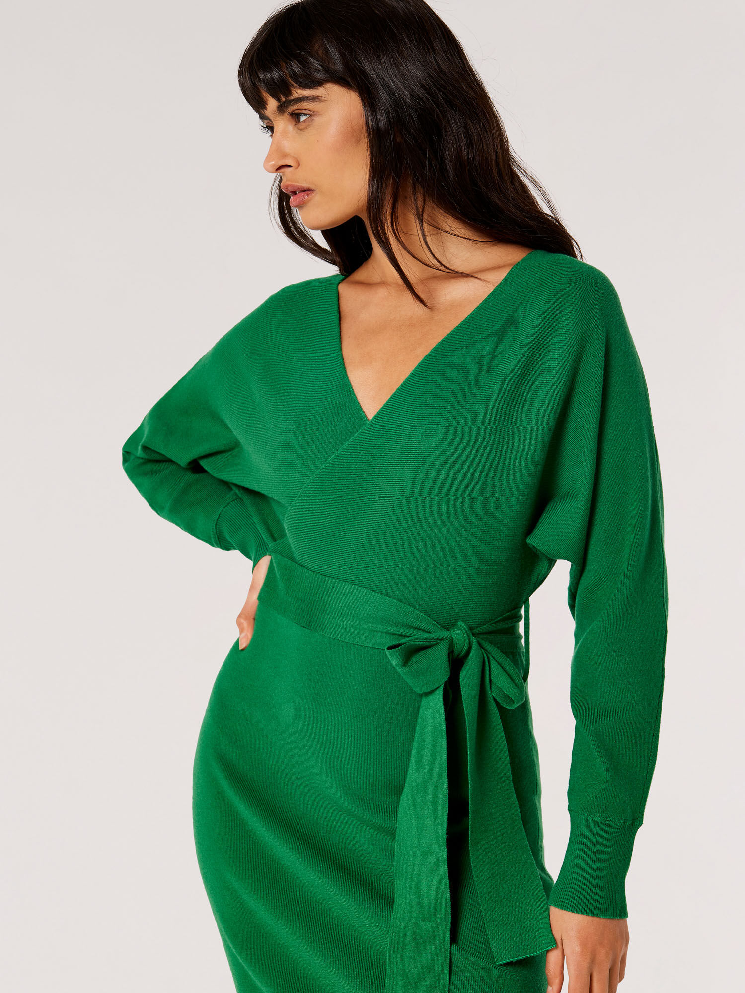 Knitted Wrap Midi Dress Apricot Clothing