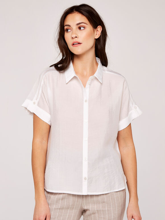 Turn Up Sleeve Cropped Shirt, White, large