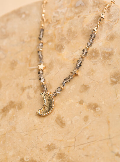 Gold Tone Stone And Moon Pendant Necklace