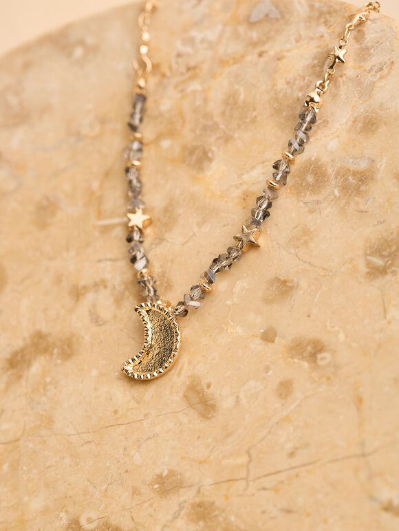 Gold Tone Stone And Moon Pendant Necklace, Gold, large