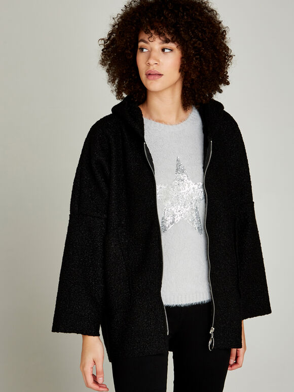 Boucle Borg Zip Through Cape, Black, large