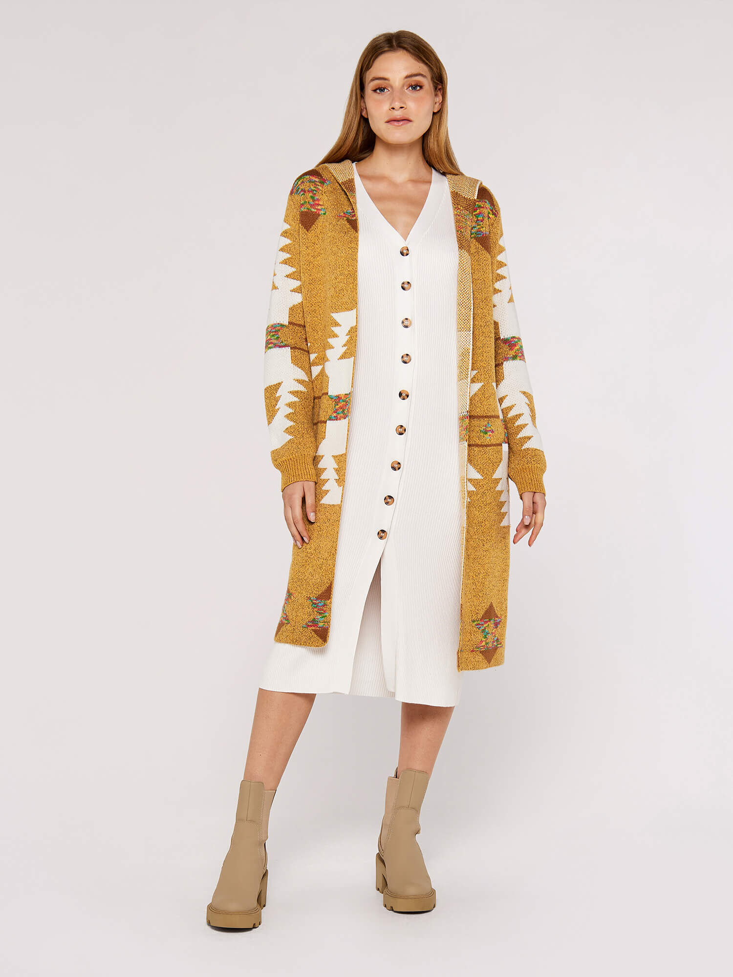 Mustard Aztec Hooded Cardigan | Apricot UK
