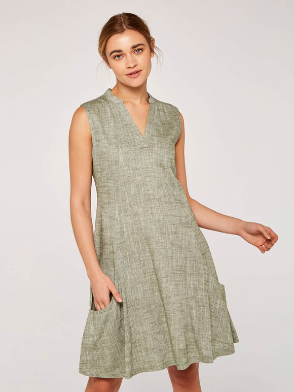 Textured Vneck Panelled Dress, Khaki, large