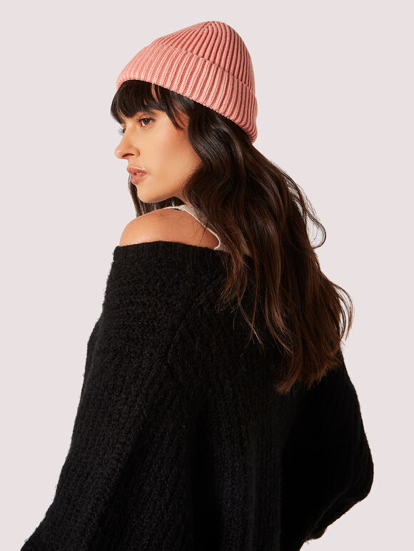 Fisherman Ribbed Beanie Hat, Pink, large