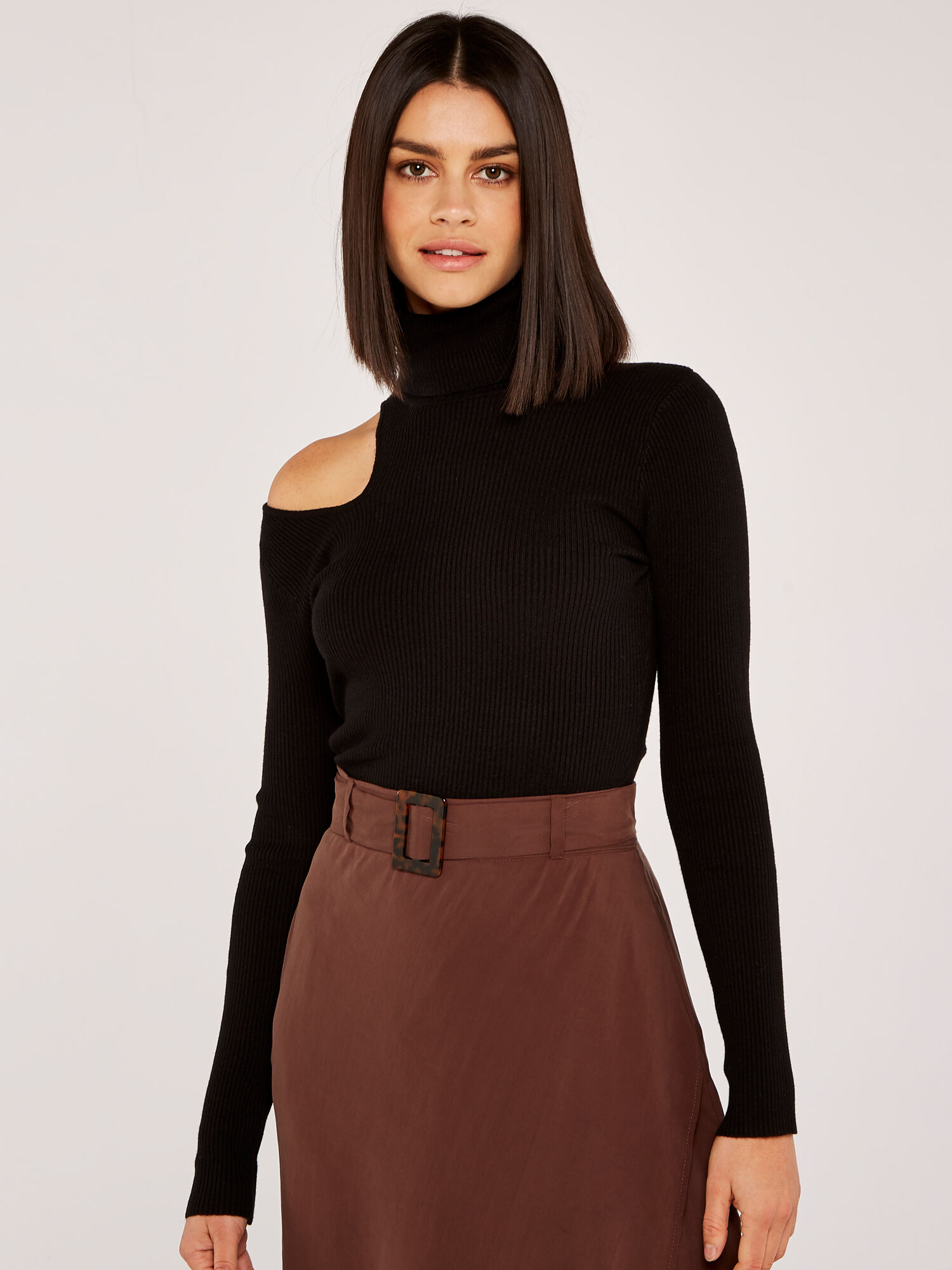 Cut Out Shoulder Roll Neck Jumper Apricot Clothing