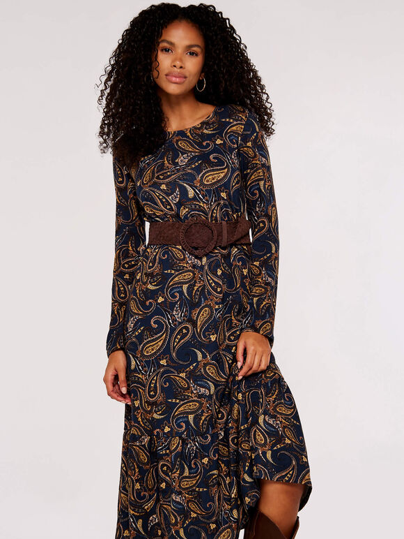 Paisley Tiered  Midi Dress, Navy, large