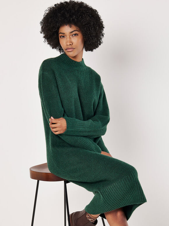 Waffle Knit Midi Dress, Green, large