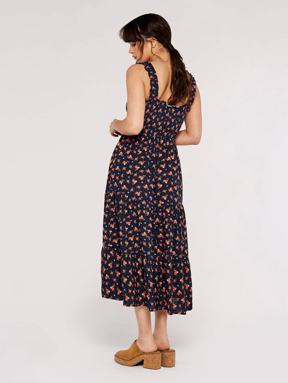 Ditsy Smocked Midi Dress, Navy, large