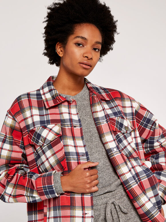 Check Button Down Shacket, Red, large