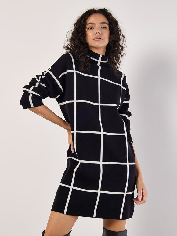 Window Check Knitted Mini Dress, Black, large