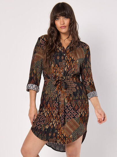 Patchwork Ikat Shirt Mini Dress