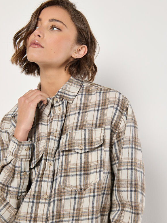 Cropped Check Shirt, Cream, large