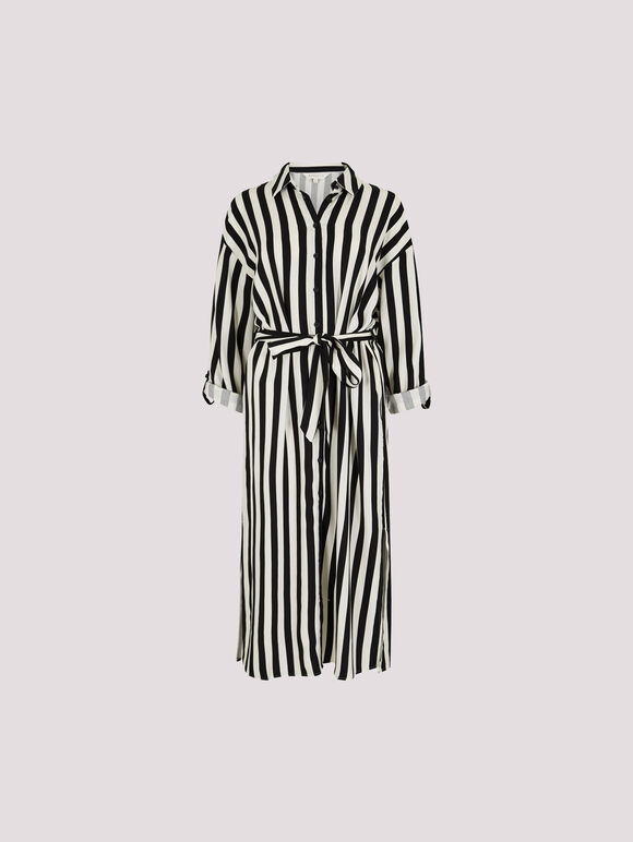 Monochrome Stripe Shirt Midi Dress, Black, large