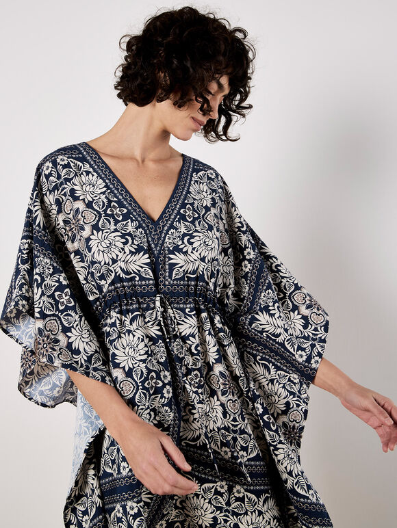 Navy Scarf Print Kimono Mini Dress and Trousers Co-Ord, , large