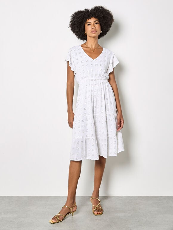 Sequin Floral Embroidered Mini Dress, White, large