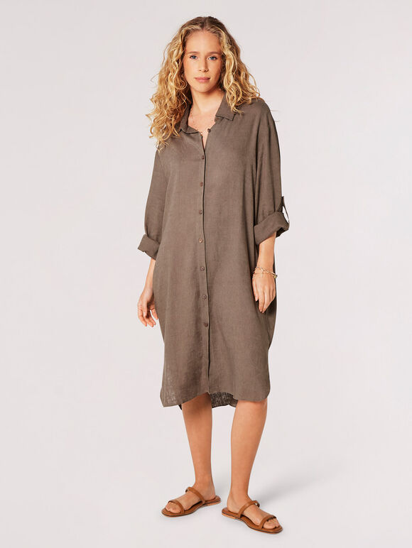 Mini-robe chemise surdimensionnée en mélange de lin, Kaki, large