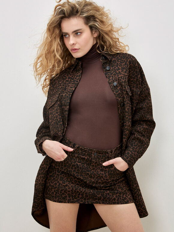 Leopard Print Denim Mini Skort, Brown, large