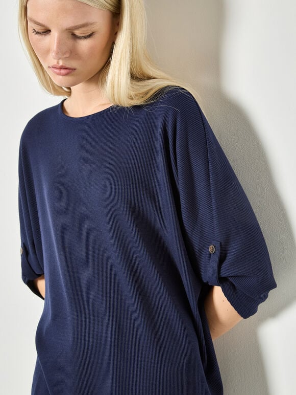 Waffle Knit Button Detail Top, Navy, large