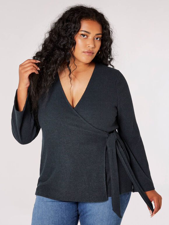 Curve Ribbed Jersey Wrap Top, Green, large