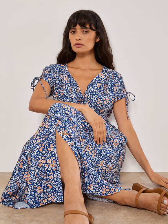 Ditsy Floral Button-Down Midi Dress, Blue, large