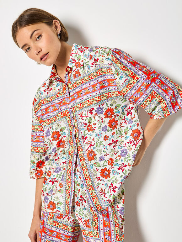 Floral Scarf Print Satin Shirt, Orange, large