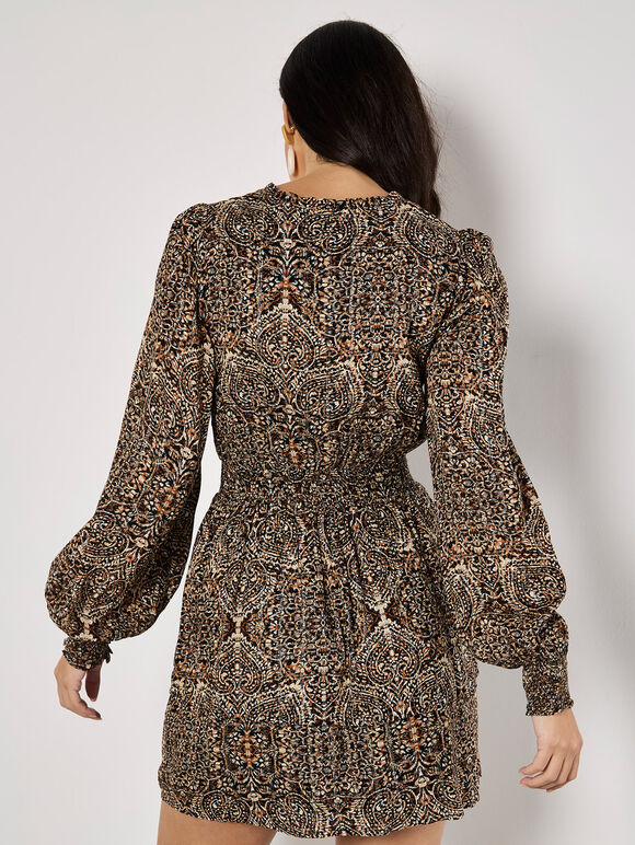 Batik Print Tiered Mini Dress, Rust, large