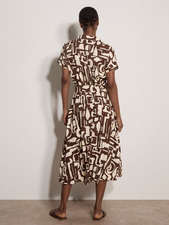 Geo Grecian Shirt Midi Dress, Brown, large