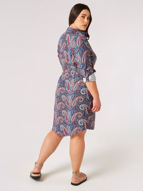 Curve Paisley Shirt Mini Dress, Blue, large