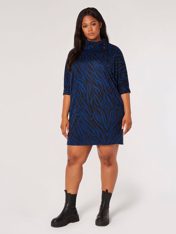 Curve Button Neck Zebra Mini Dress, Blue, large
