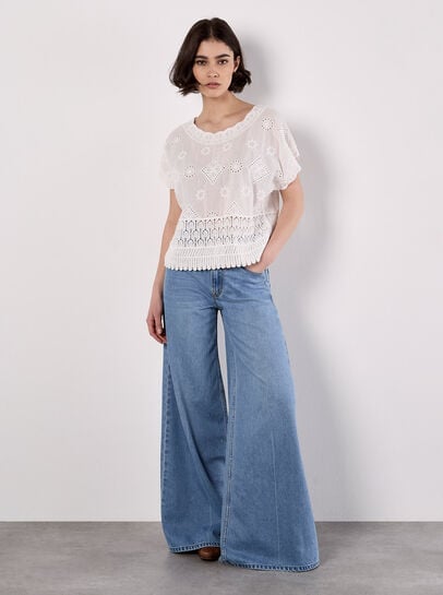 Embroidered Mesh And Lace Cotton Top