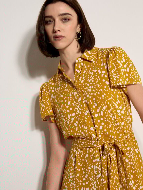 Scattered Squares Shirt Mini Dress, Mustard, large